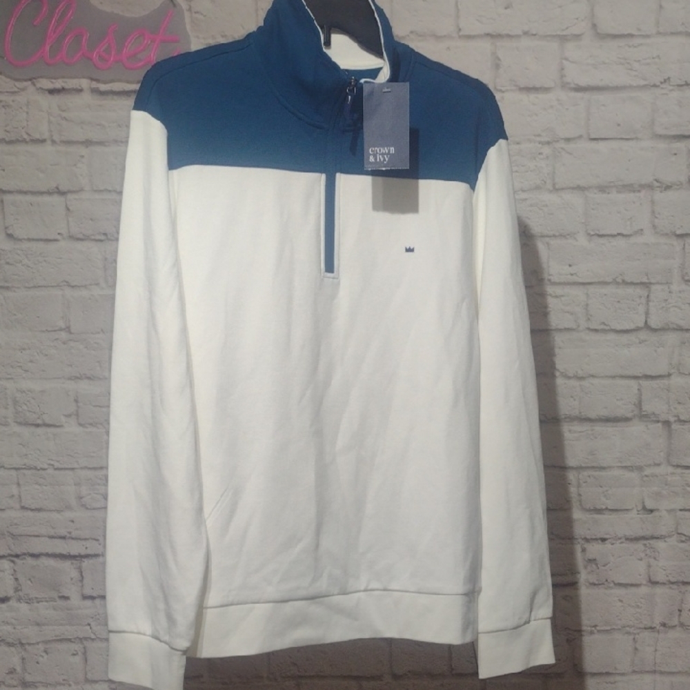 Crown & Ivy Mens Zip-Up Sweater in Blue and White NWT